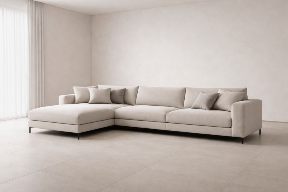 Divano angolare in tessuto beige con chaise longue