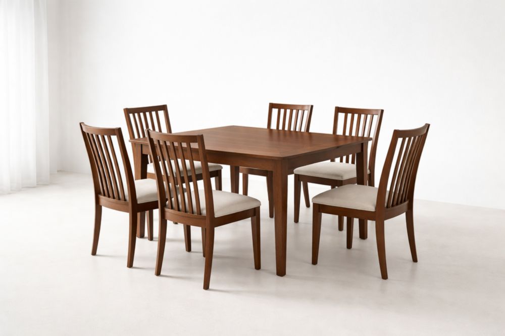 Tavolo da pranzo rettangolare in legno con 6 sedie imbottite marrone