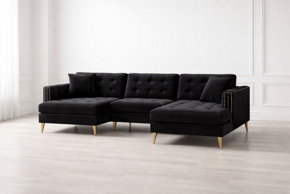 Divano ad Angolo in Velluto Nero con Gambe in Metallo