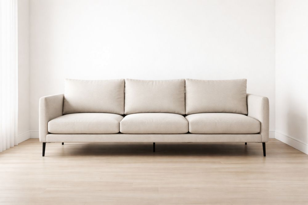 Divano in tessuto tre posti, struttura in metallo, beige