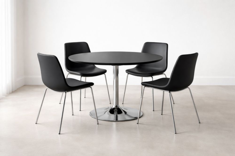 Set da Pranzo con Tavolo Rotondo in Legno e Base in Metallo, 4 Sedie in Plastica Nero