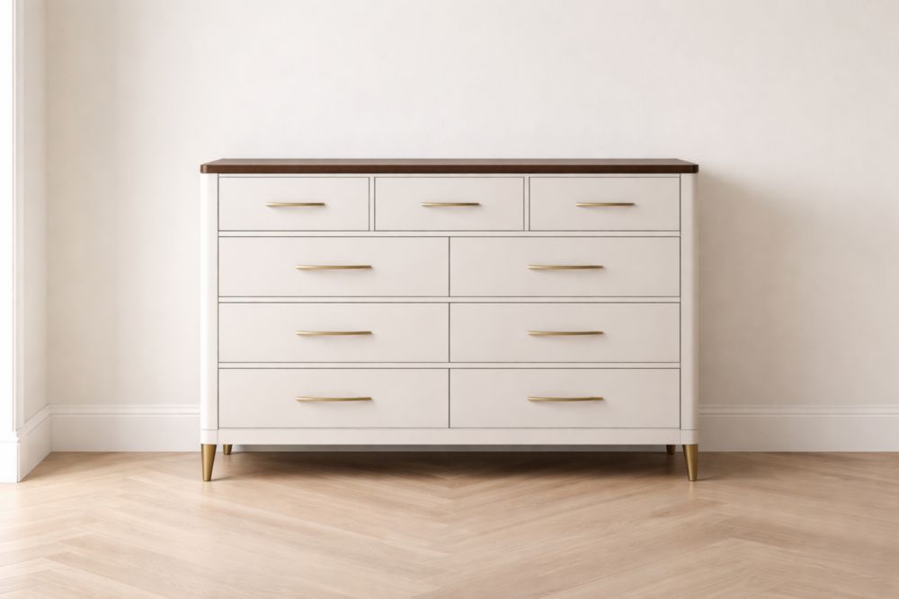 Cassettiera in MDF con Piano in Noce e Maniglie in Metallo, 9 Cassetti Bianco/Legno 120x40x80 cm