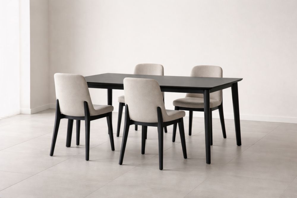 Set Tavolo da Pranzo con 4 Sedie in Legno MDF e Poliestere Nero Beige