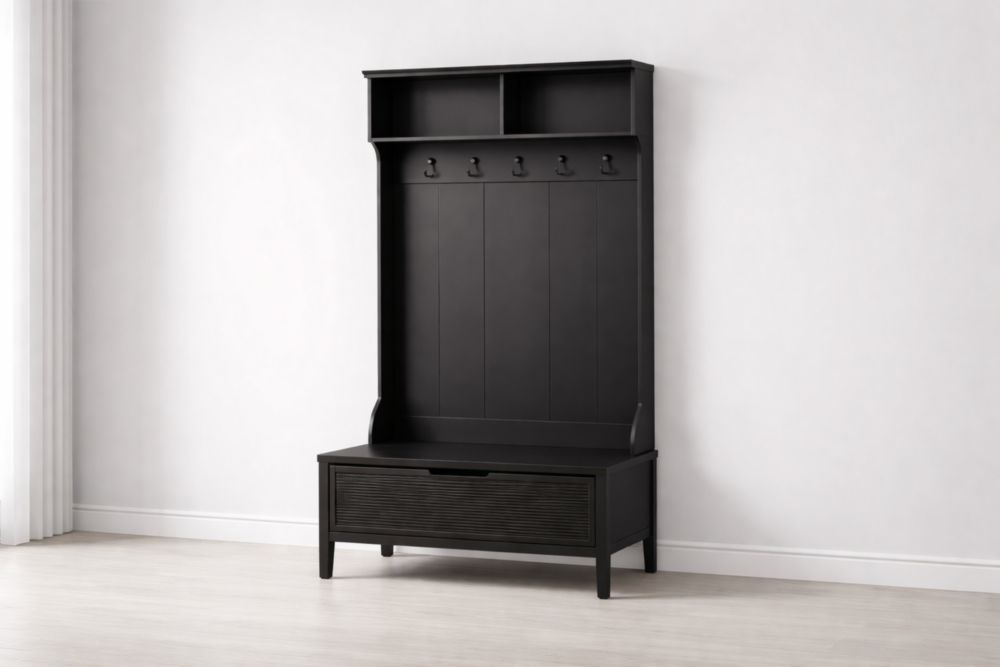 Appendiabiti in Legno MDF con Panca e 5 Ganci Nero