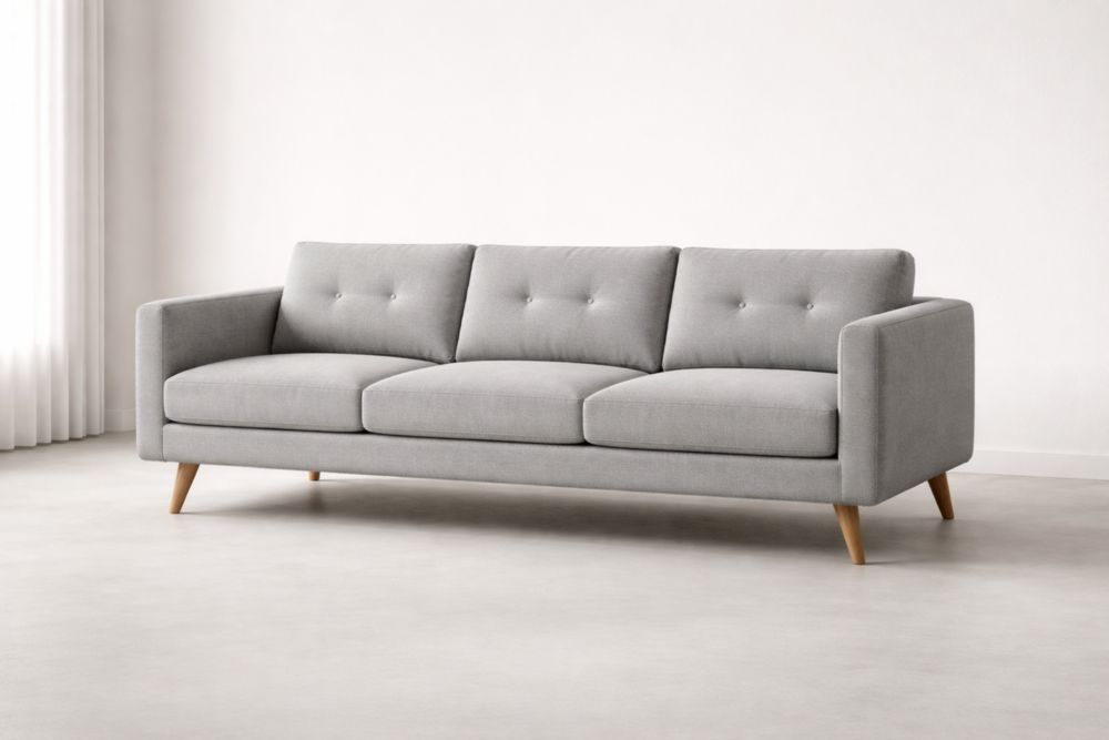 Divano a 3 Posti in Tessuto Grigio con Gambe in Legno Massello