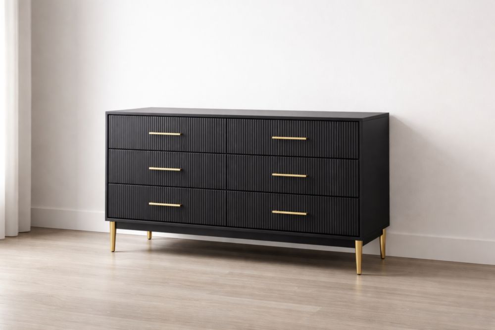 Cassettiera in Legno Nero con Maniglie e Gambe in Metallo Dorato 3 Cassetti 120x45x75 cm