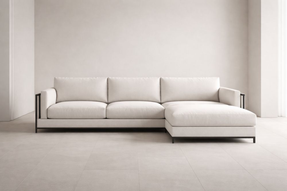 Divano angolare tessuto beige con struttura in metallo