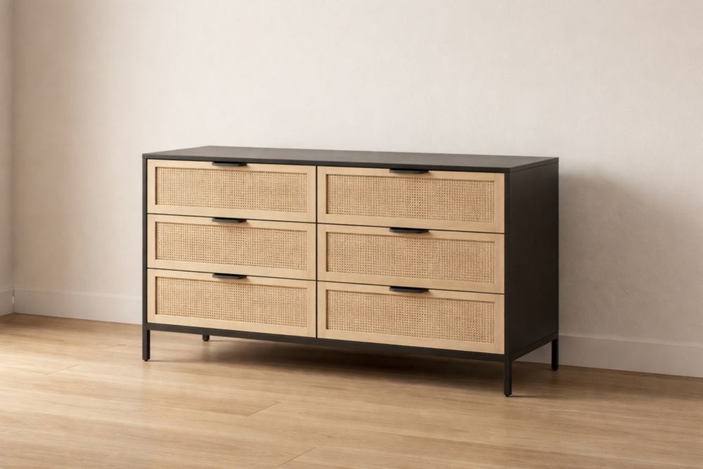 Comò in Rattan e Metallo con Sei Cassetti 140x45x75 cm