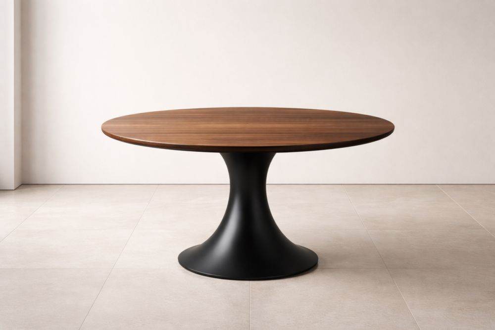 Tavolo rotondo in legno di noce con base in metallo nero