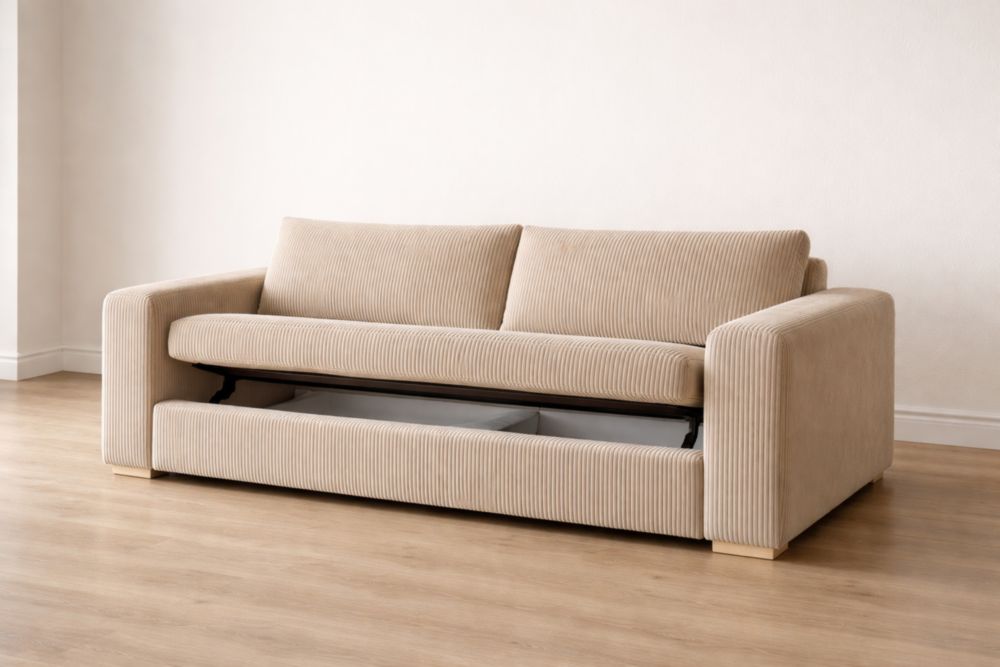 Divano in Tessuto a Coste Beige con Vano Contenitore