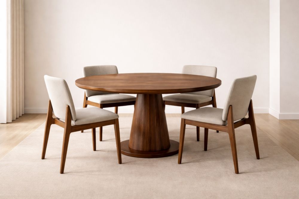 Set Tavolo Rotondo in Legno Massello con 4 Sedie Imbottite, Marrone