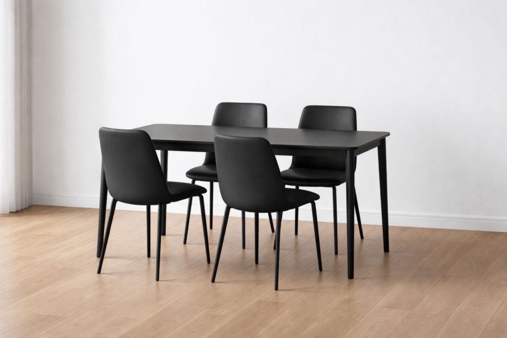 Set Tavolo da Pranzo e Sedie in Acciaio e Finta Pelle Nero