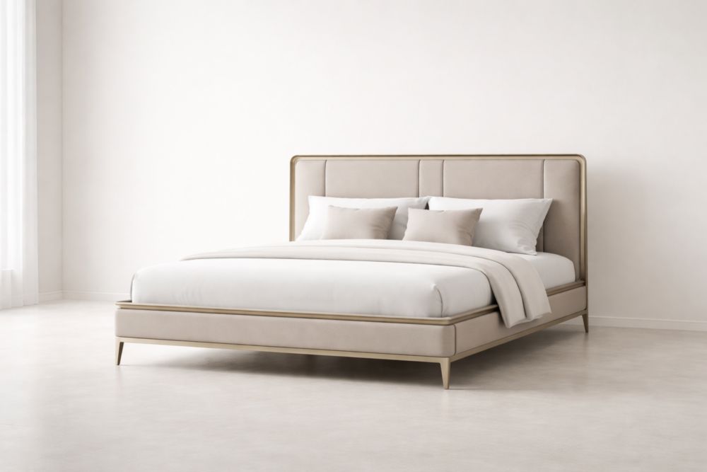 Letto Matrimoniale Struttura Metallo Imbottitura Tessuto Beige