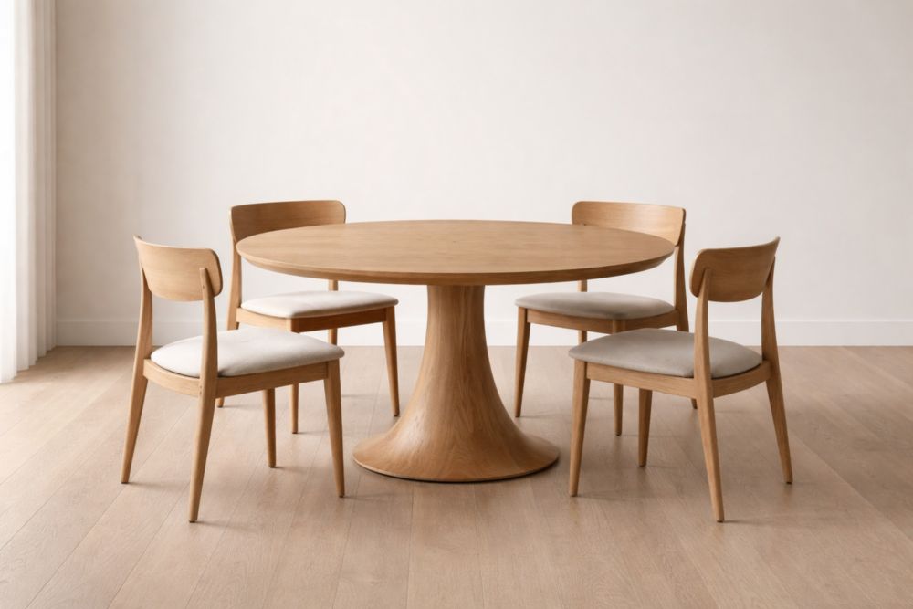 Tavolo rotondo in legno con 4 sedie imbottite