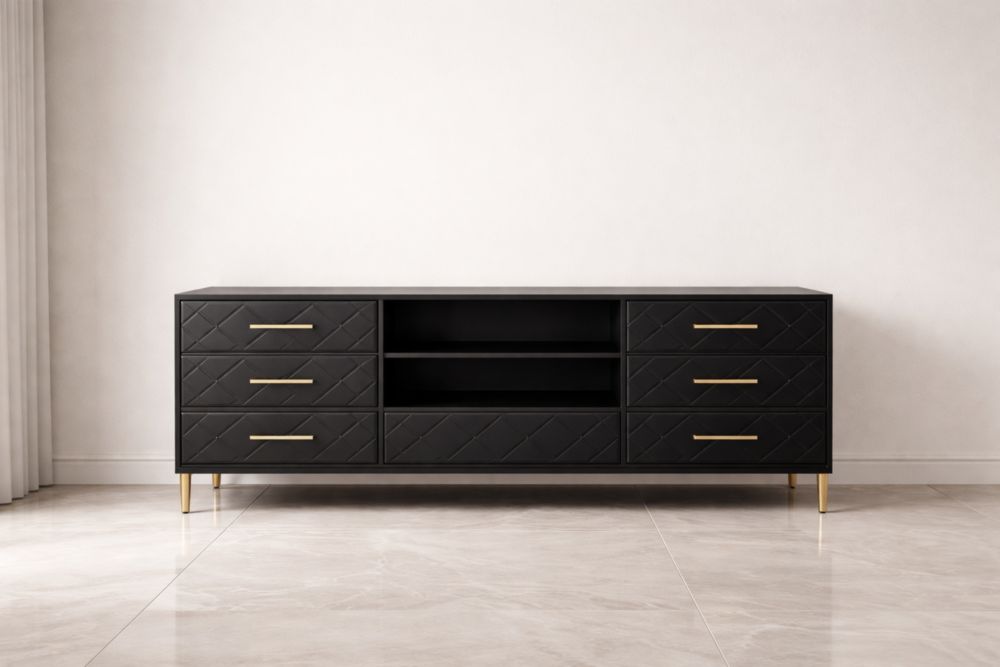 Mobile TV in MDF e Metallo con Cassetti e Ripiani Aperti 180x45x60 cm Nero e Oro