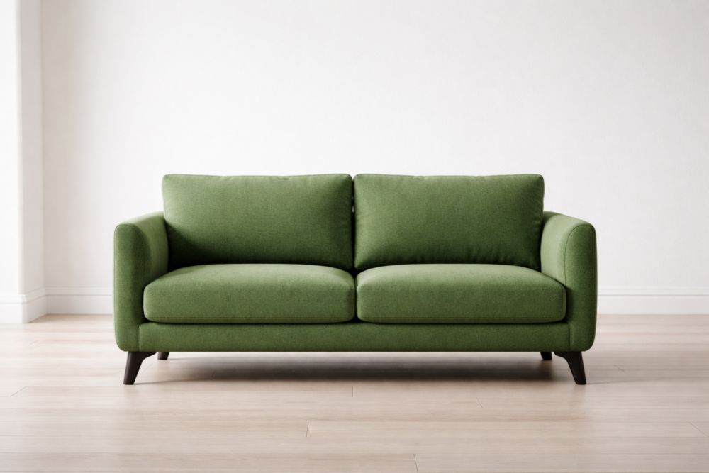 Divano due posti in tessuto verde con gambe in legno