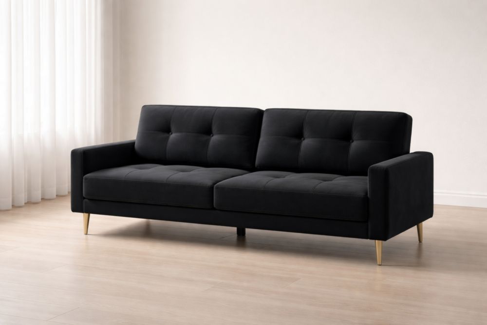 Divano 2 Posti in Tessuto Nero con Gambe in Metallo