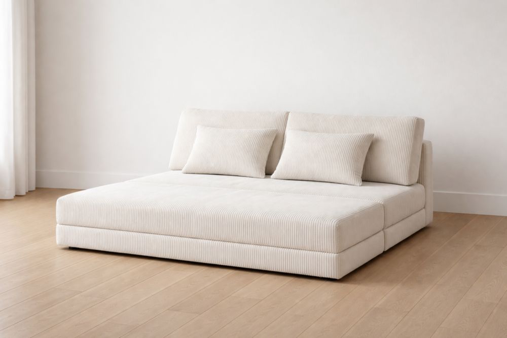 Divano Letto Matrimoniale in Tessuto a Coste Beige