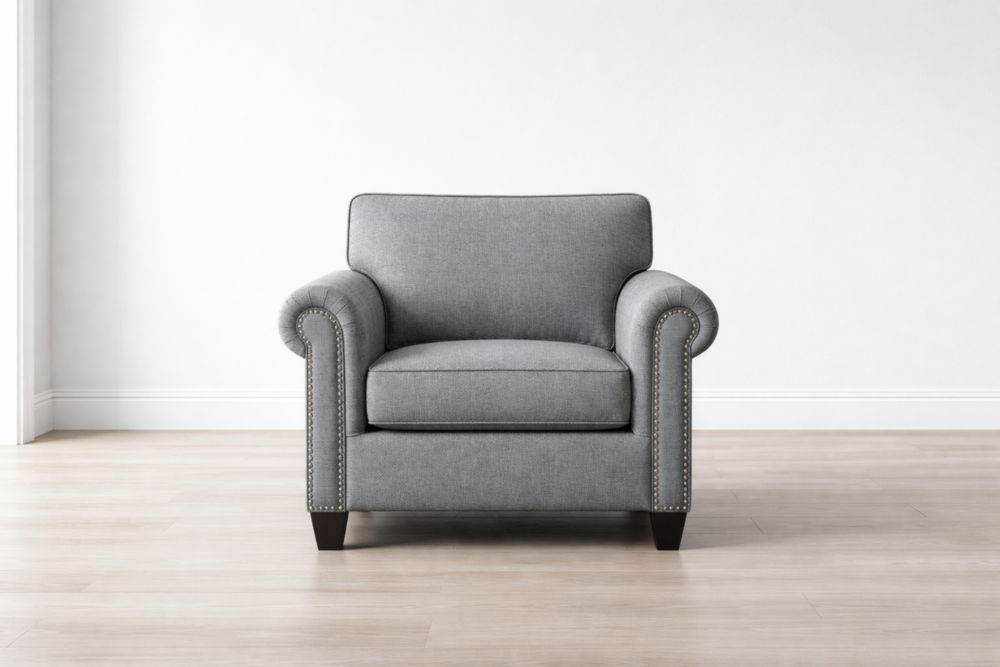 Poltrona in tessuto grigio con dettagli in metallo, 100x90x85 cm