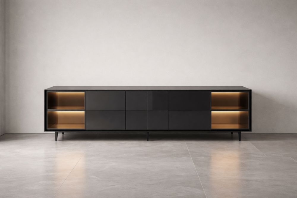 Credenza in MDF Nero con Ripiani in Vetro Temperato e Illuminazione Integrata