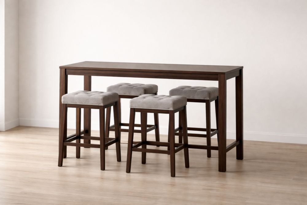 Set Tavolo e Sgabelli in Legno Massello e Tessuto Grigio/Marrone