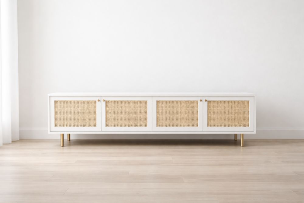 Mobile TV in Legno con Ante in Rattan Bianco 180x40x50 cm