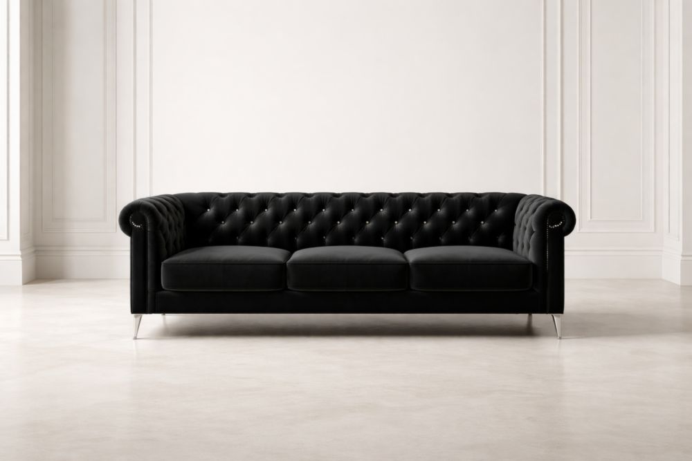 Divano in Velluto Nero con Struttura in Legno