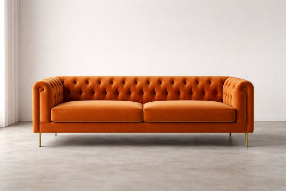 Divano in Tessuto Vellutato Arancione con Gambe in Metallo Dorato