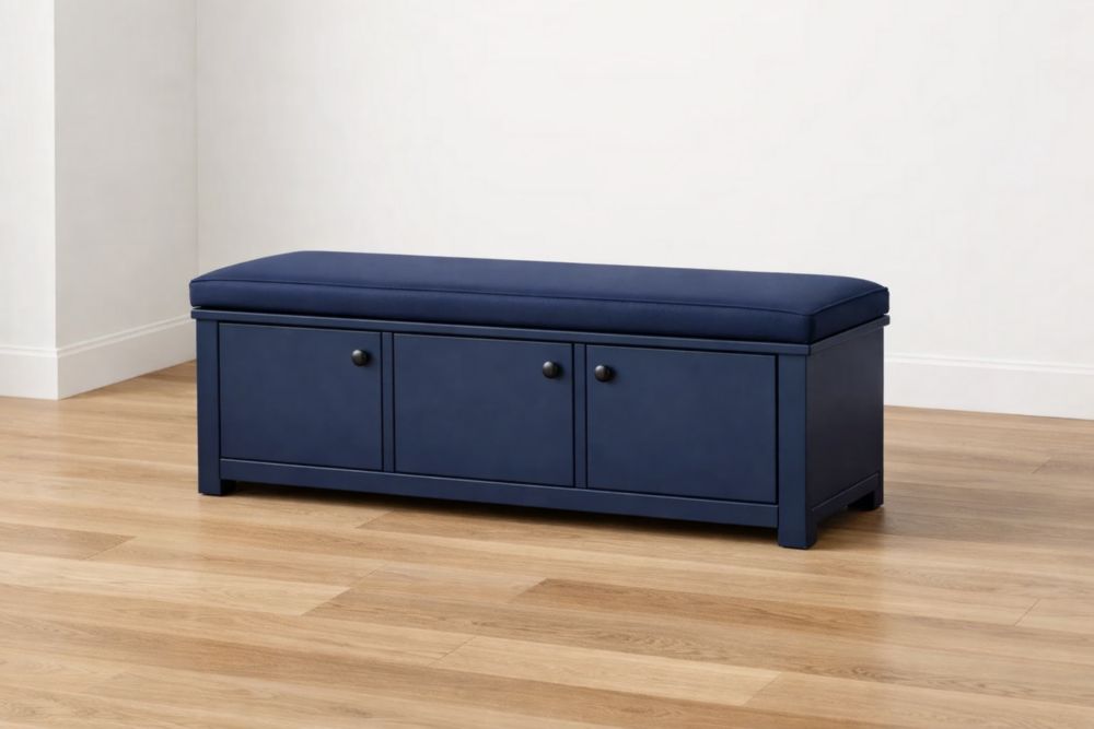 Panca in legno MDF con cuscino e spazio contenitore blu 120x40x45 cm