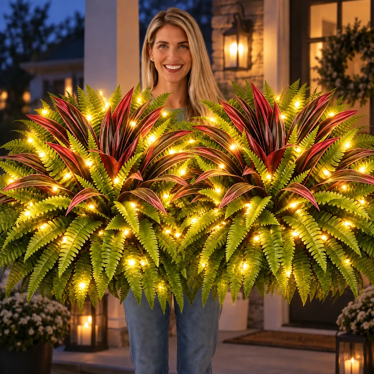 🔥LAST DAY SPECIAL 50%🌿Lighted UV-Resistant Artificial Fern and Red Dracaena Decorative Plant– 🌿 Zero Watering, Zero Maintenance