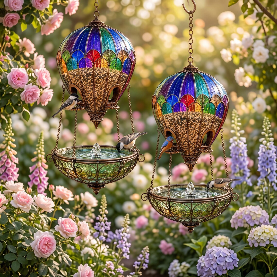 🔥 Best Seller | LAST DAY 50% OFF✨Stained Glass Hot Air Balloon Bird Feeder and Fountain