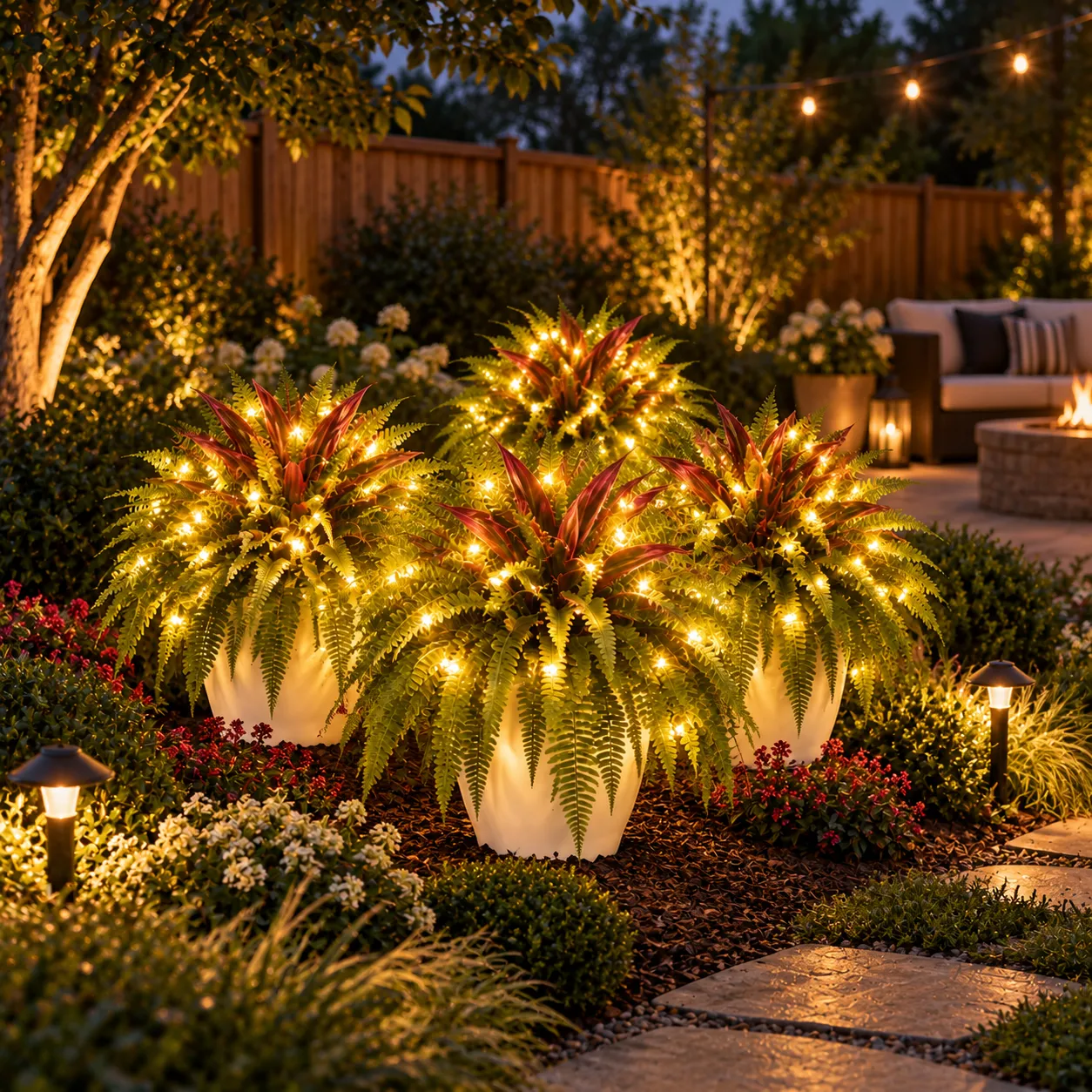 🔥LAST DAY SPECIAL 50%🌿Lighted UV-Resistant Artificial Fern and Red Dracaena Decorative Plant– 🌿 Zero Watering, Zero Maintenance