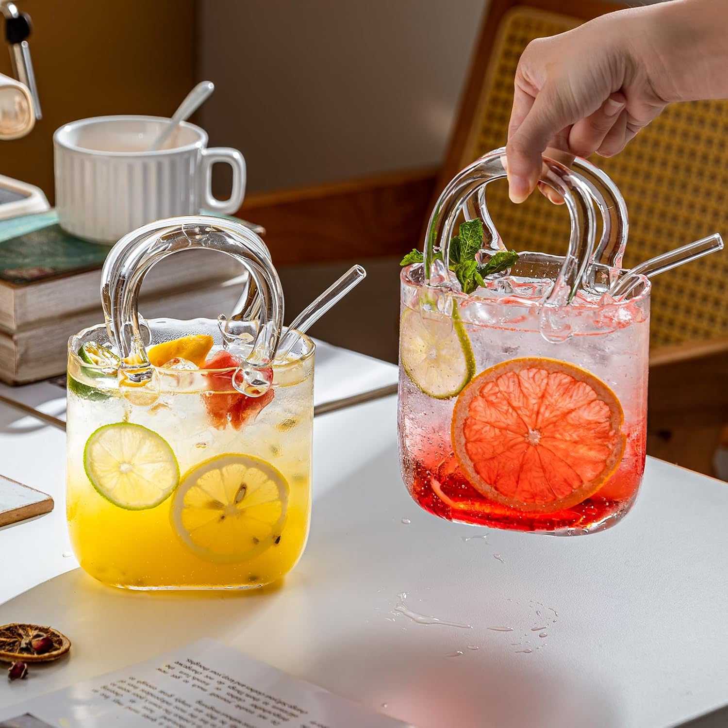 ✨ 26oz Glass Purse Cup Set with Straws Set of 4