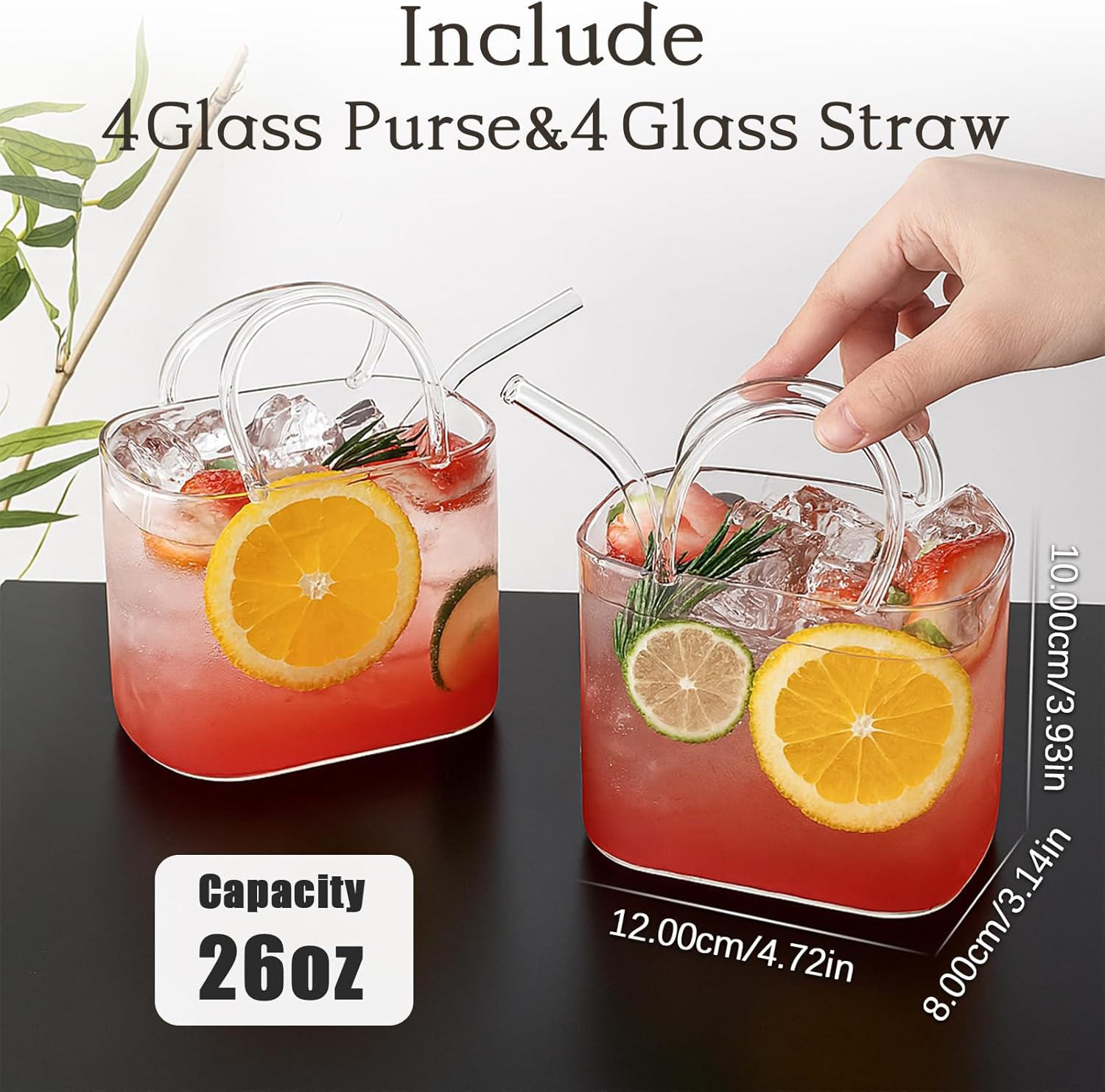 ✨ 26oz Glass Purse Cup Set with Straws Set of 4