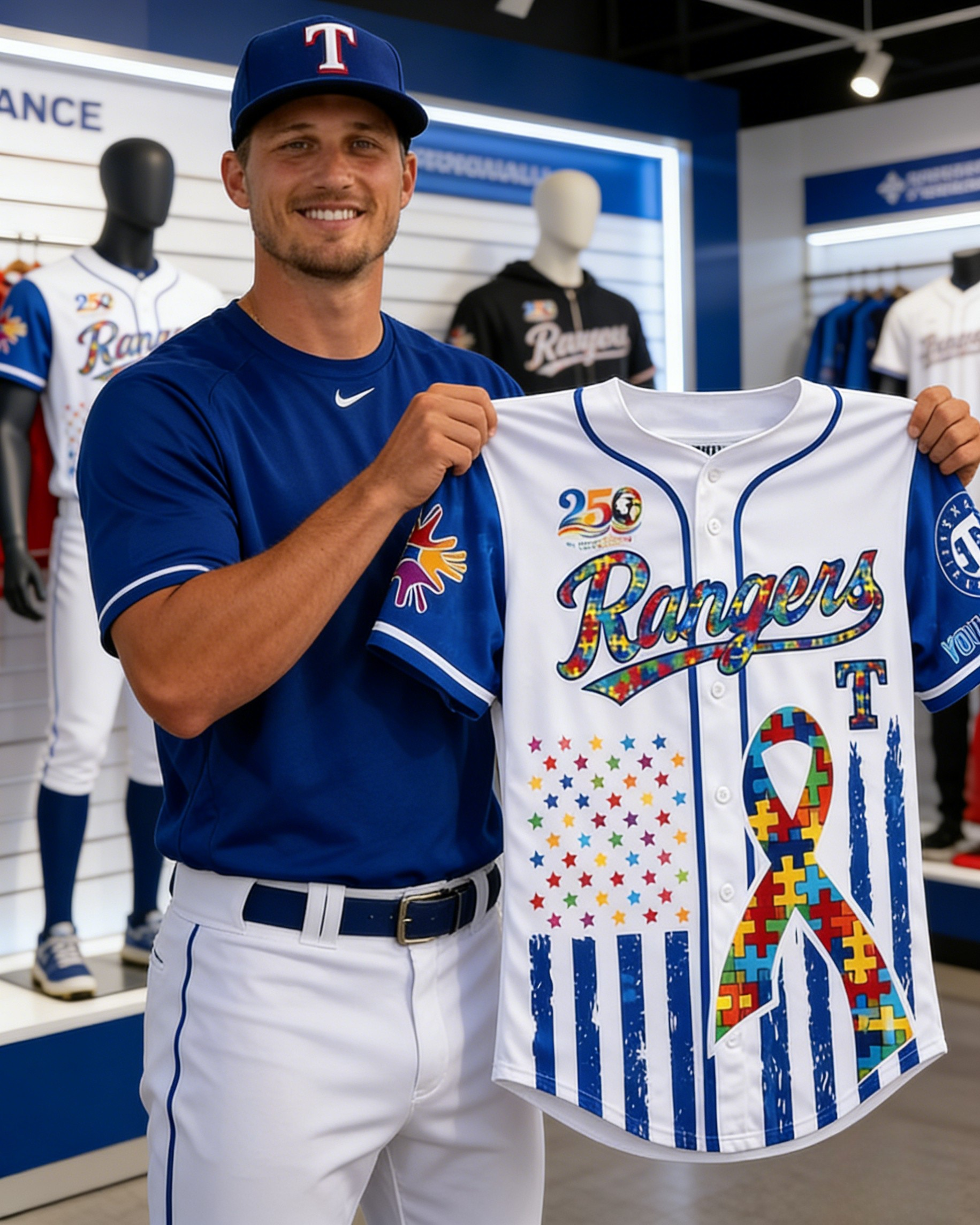 Texas Rangers 250th Anniversary Autism Awareness Premium Baseball Jersey 🧬🇺🇸