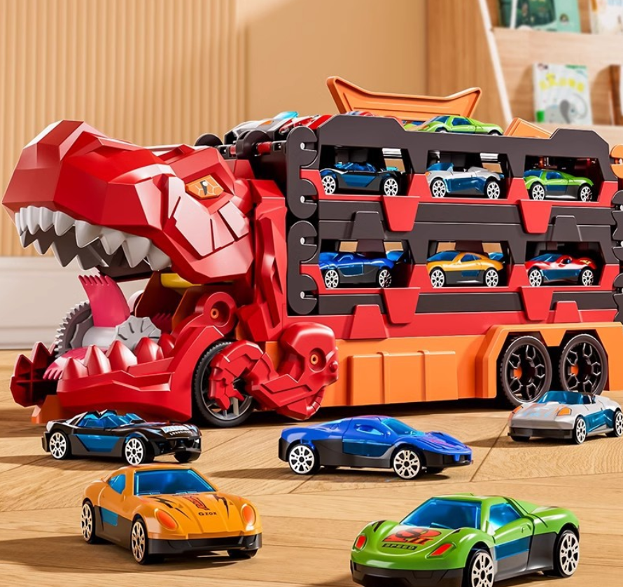 Dinosaurs swallowing toy cars