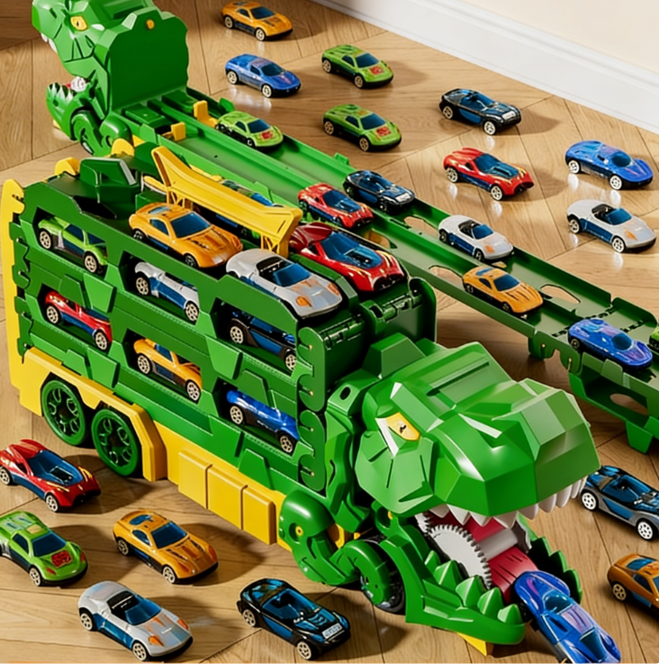 Dinosaurs swallowing toy cars
