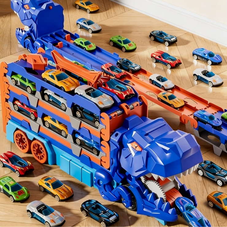 Dinosaurs swallowing toy cars