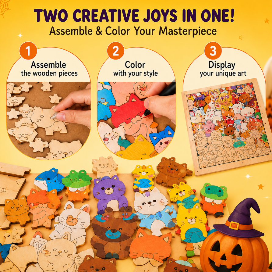 Wooden Puzzle Coloring Set | Dual Craft Art Kit 🎃