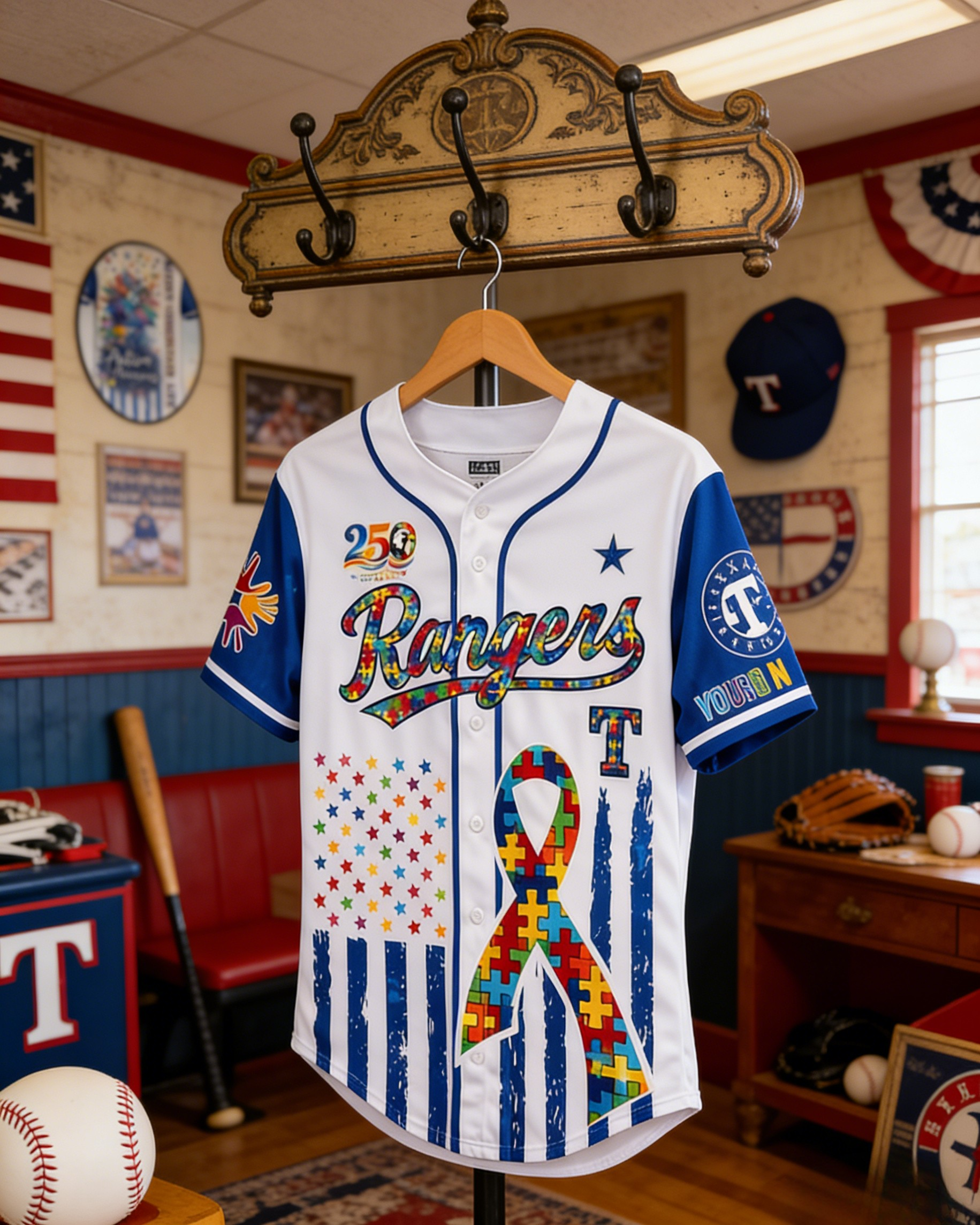 Texas Rangers 250th Anniversary Autism Awareness Premium Baseball Jersey 🧬🇺🇸