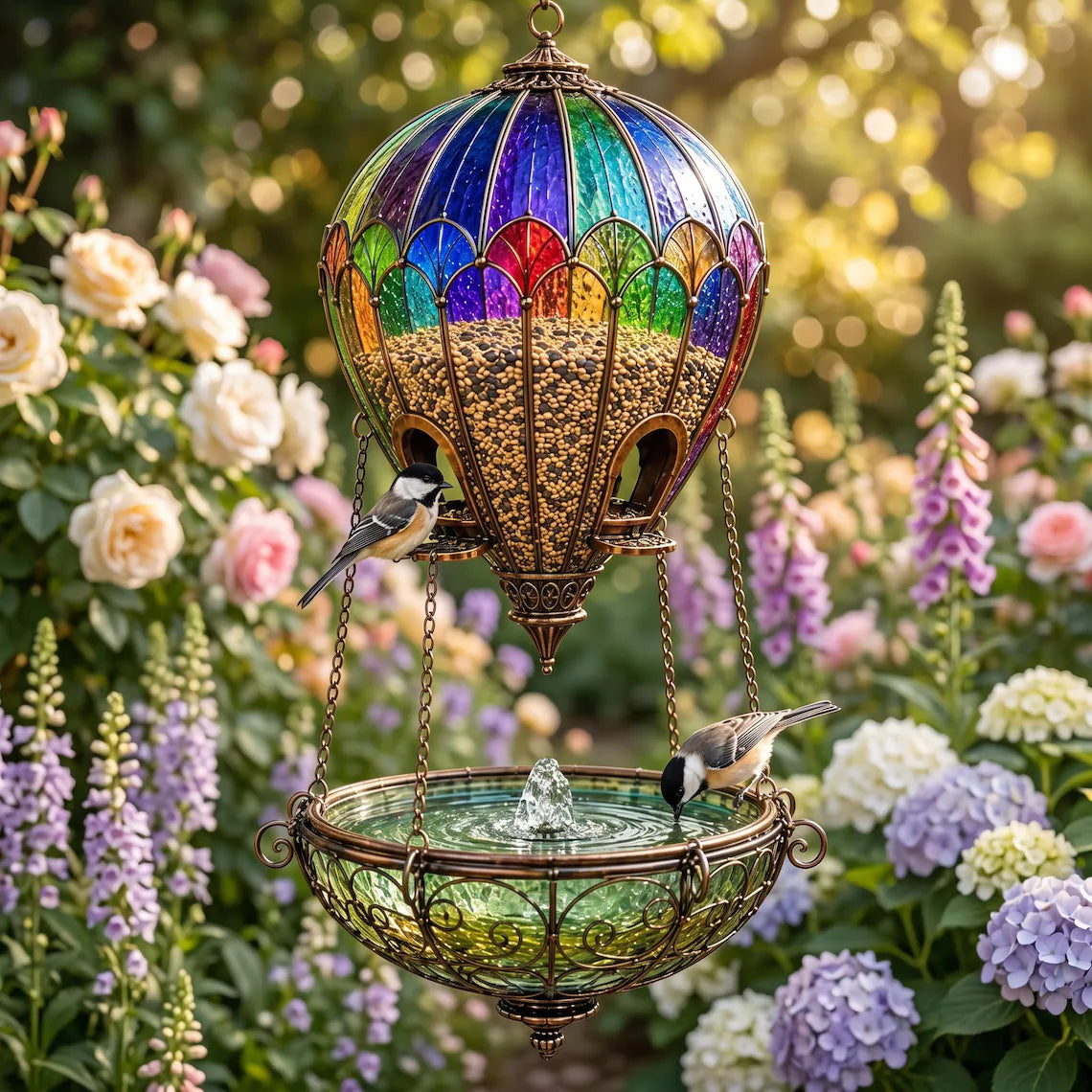 🔥 Best Seller | LAST DAY 50% OFF✨Stained Glass Hot Air Balloon Bird Feeder and Fountain