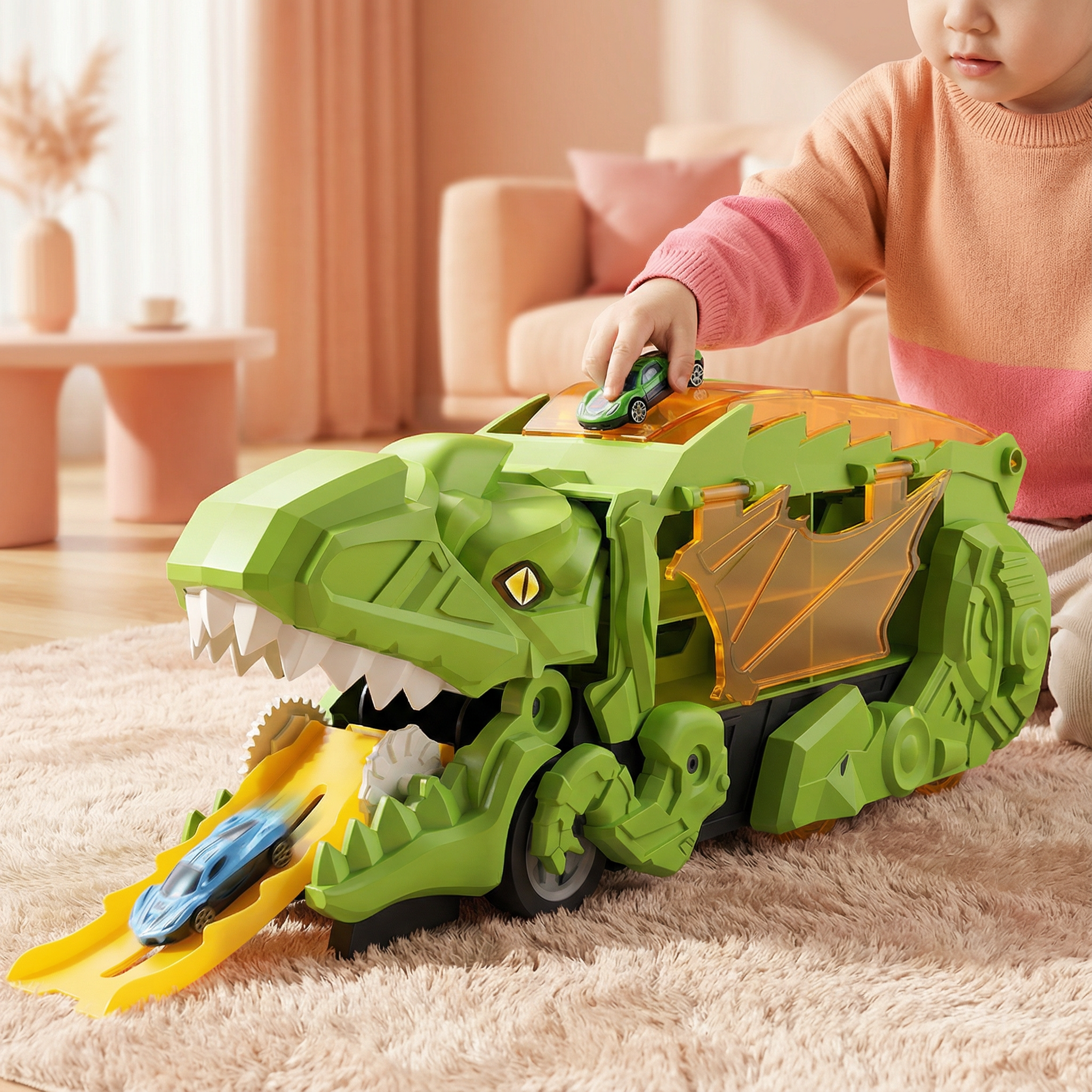 Dinosaurs swallowing toy cars