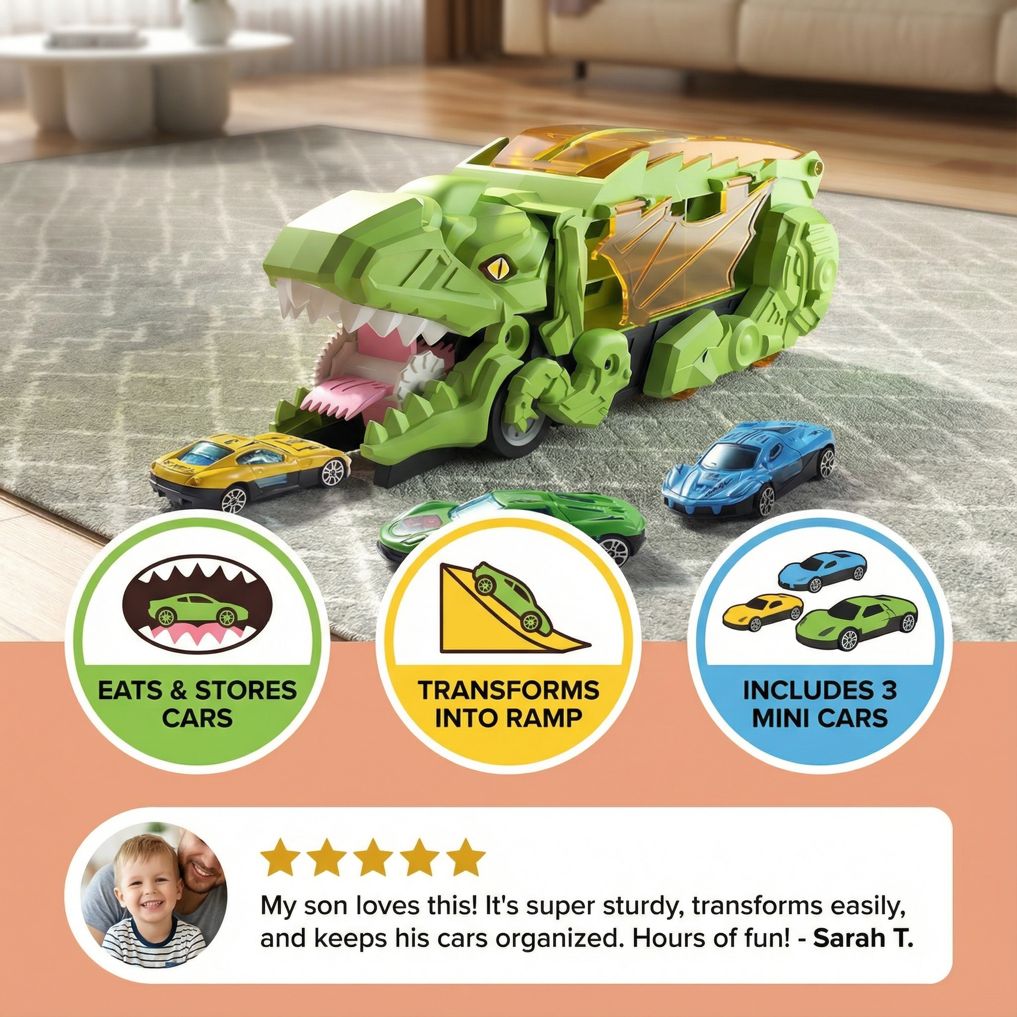 Dinosaurs swallowing toy cars