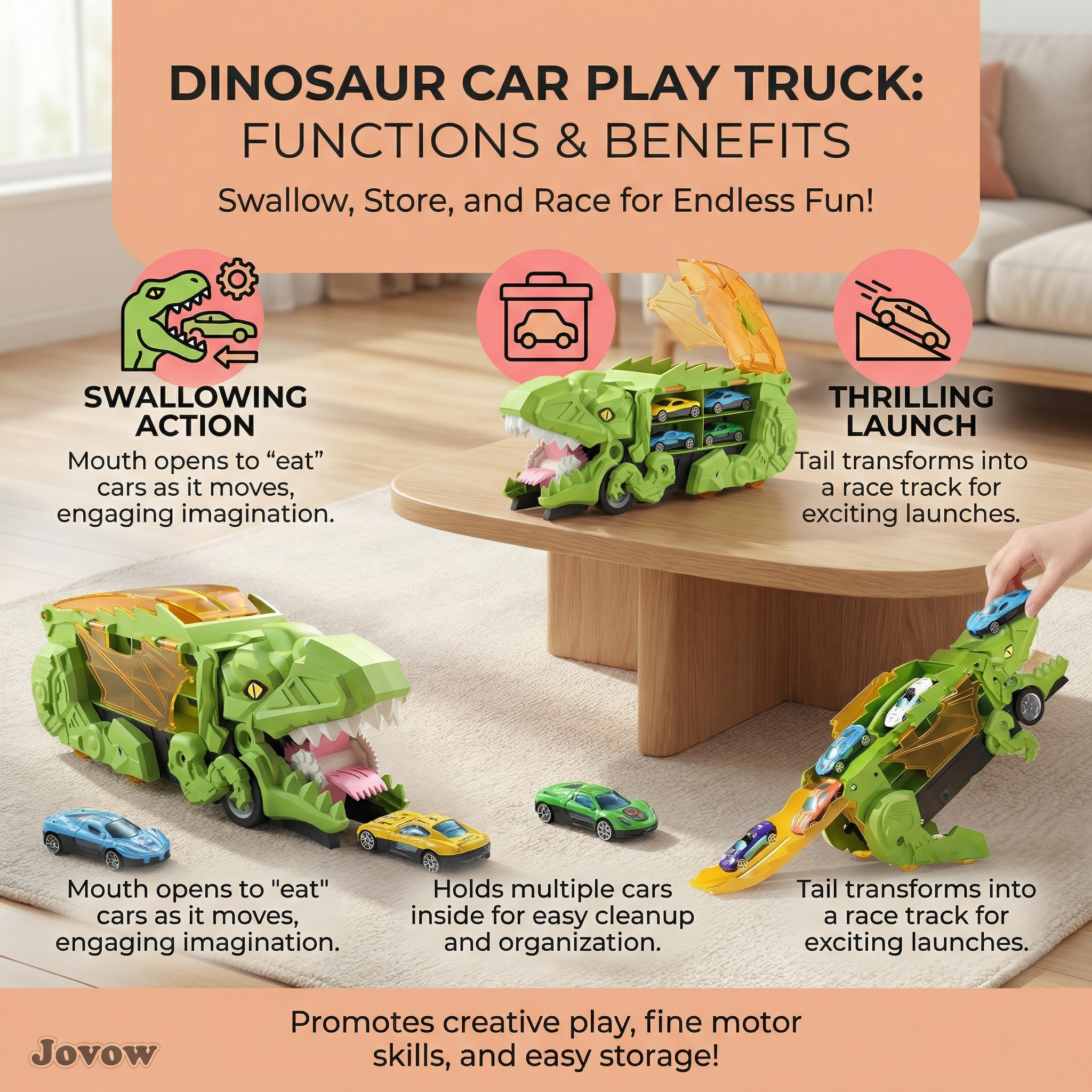 Dinosaurs swallowing toy cars