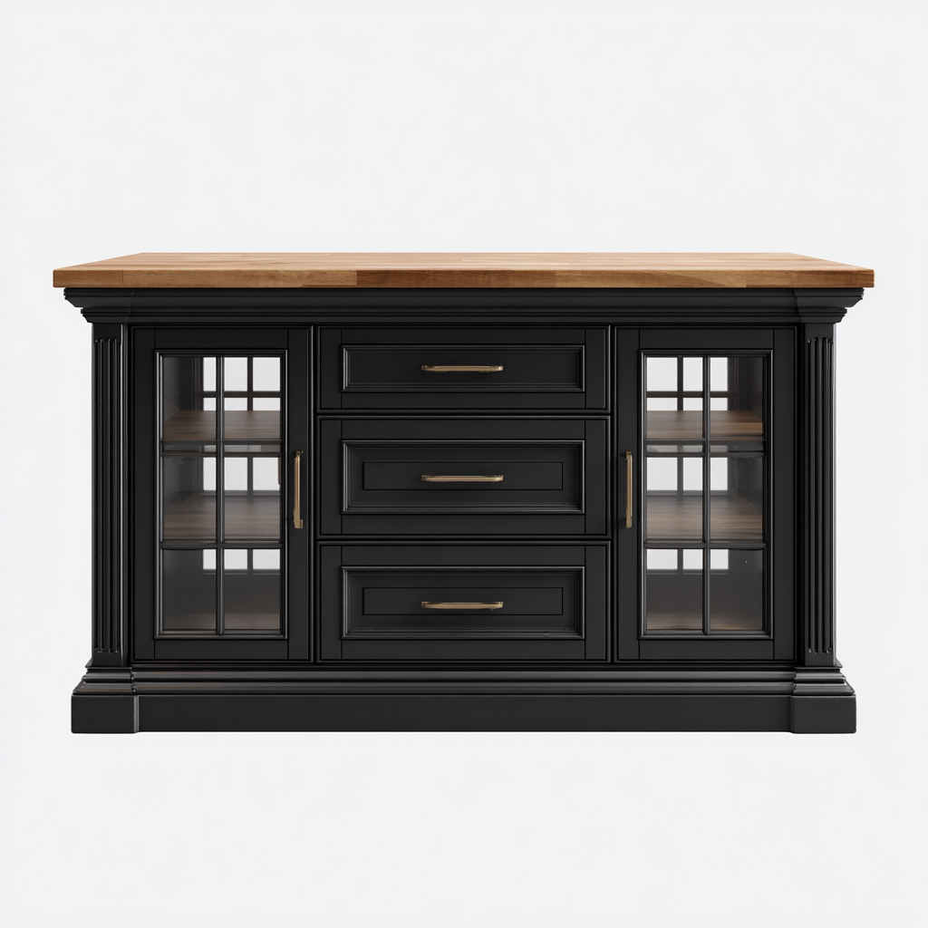 Kücheninsel - Holz-Glas-Metall - 160x70x90 cm - Schwarz-Natur - Klassisches Design - Für Küche-Sofagetly