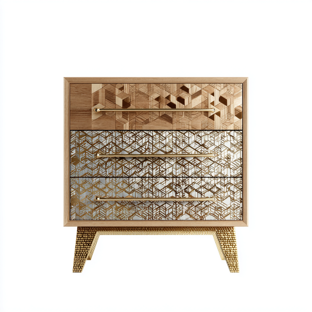 Kommode mit Schubladen Massivholz-MDF 90x42x95 cm - Natur-Gold - Modernes geometrisches Design-Sofagetly