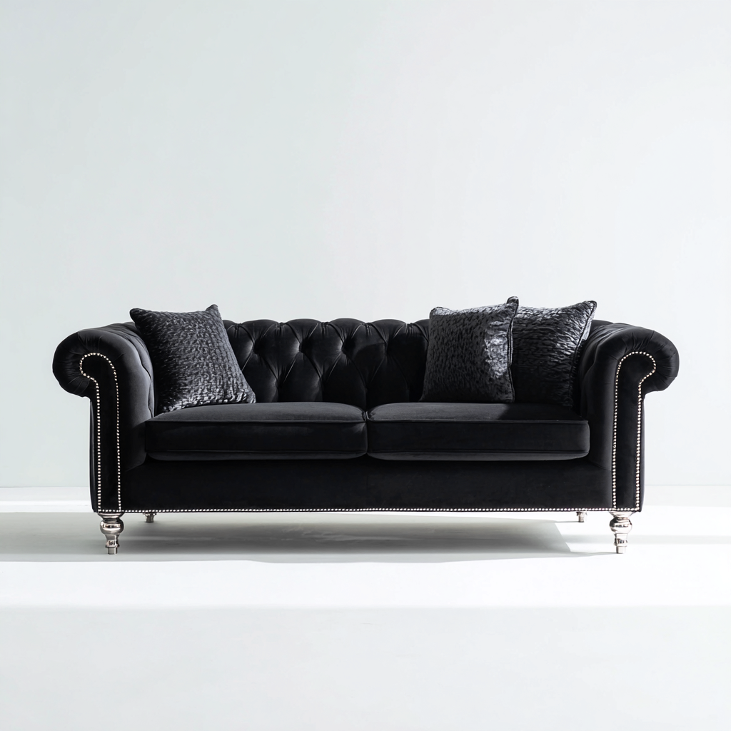 Gerades Sofa Samt 215x95x80 cm - Schwarz - Für Wohnzimmer - Klassisches Chesterfield Design-Sofagetly