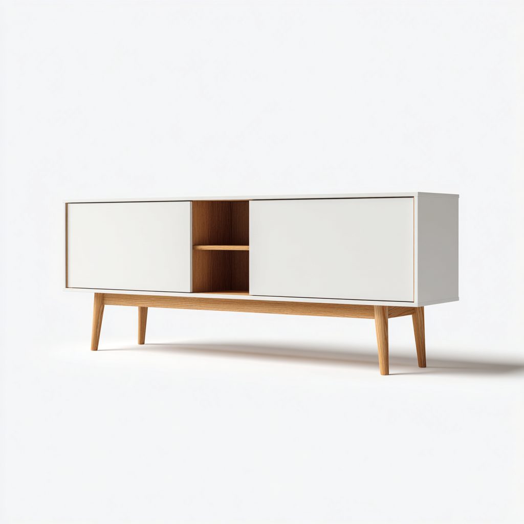 Fernseh Lowboard 150x40x60 cm - Holzwerkstoff - Weiß-Natur - Mid-Century Design-Sofagetly