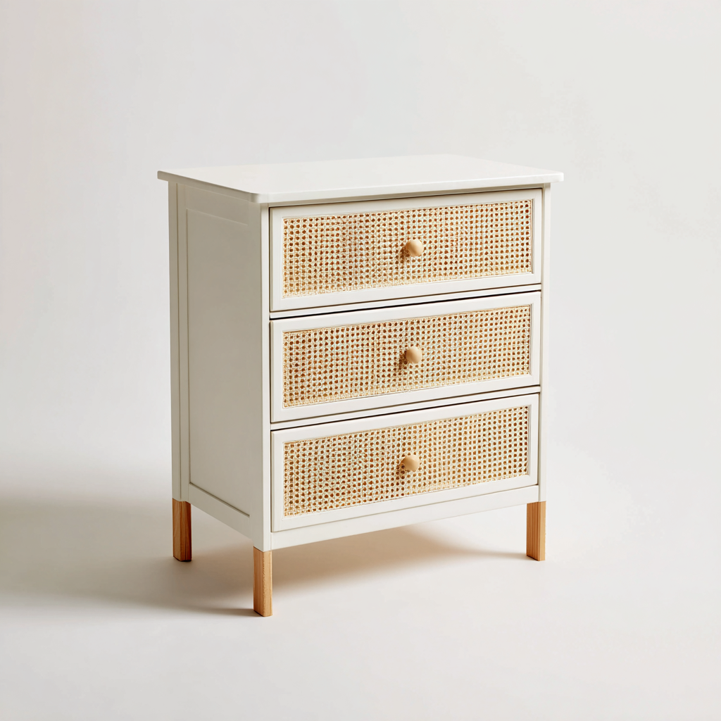 Kommode mit Schubladen Holzgeflecht-Design 60x40x85 cm - Weiß-Natur - Modernes Wohnstil-Sofagetly