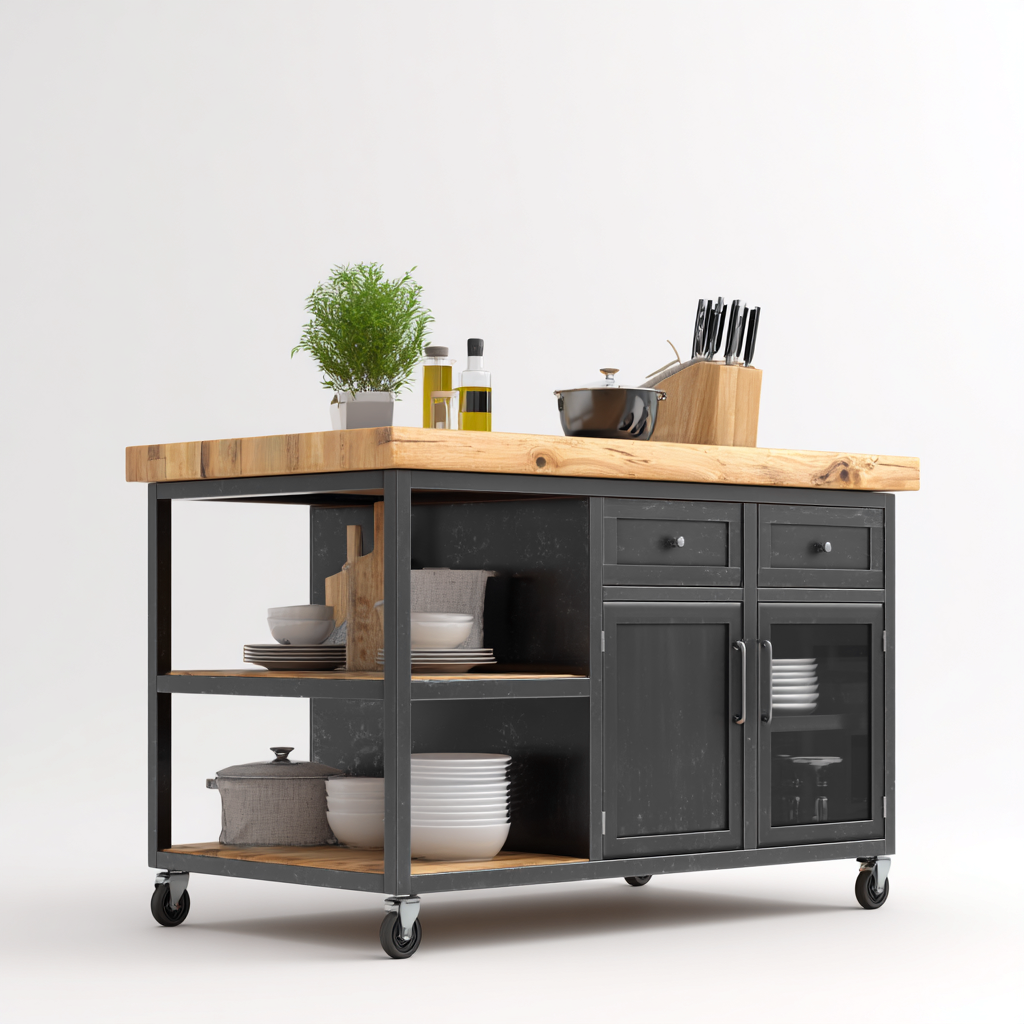 Kücheninsel - Holz-Metall 120x65x90 cm - schwarz-natur - industrielles Design-Sofagetly